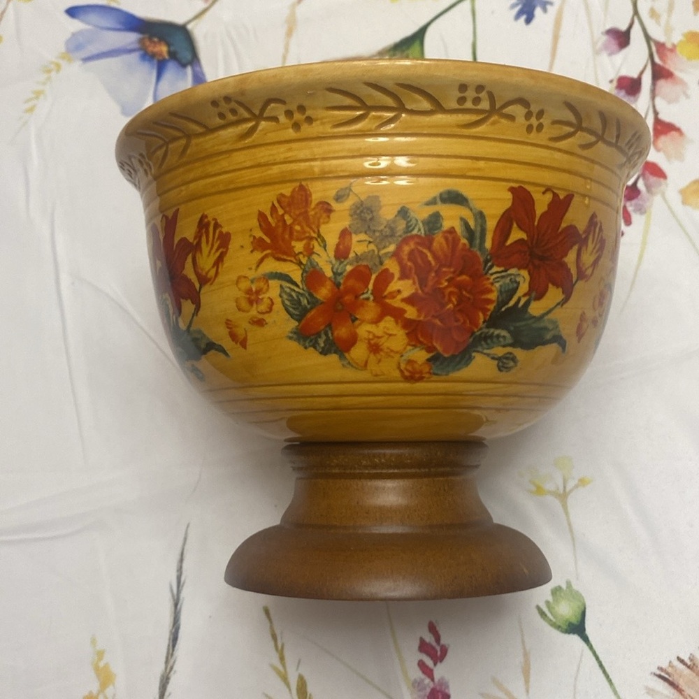 Vintage FTD Bowl Planter with Wooden Pedestal Floral Design